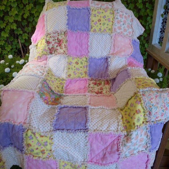 Flannel Rag Quilt With Batting, 50x64, Floral With Butterflies and Roses